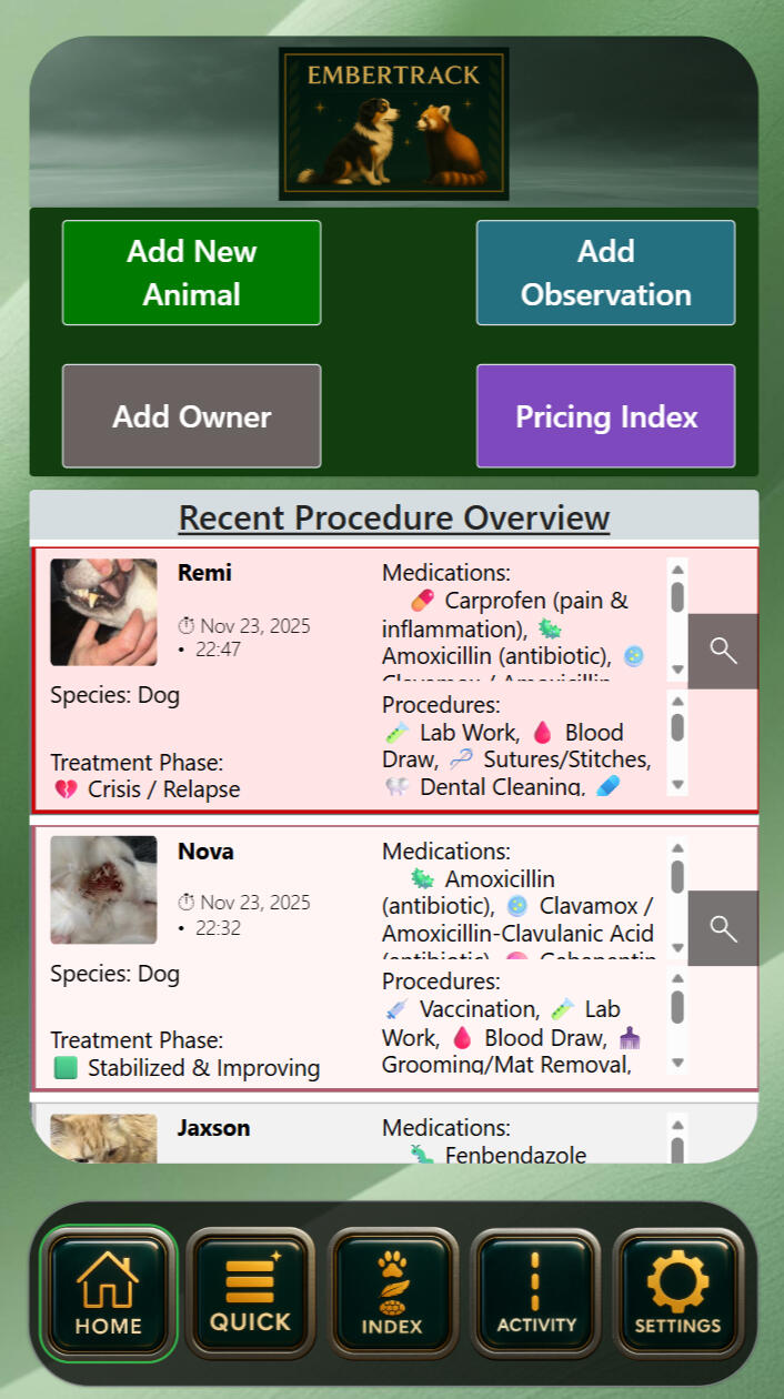 CortexForge Strategy | Intelligence Division — EmberTrack Frontline Dashboard Screenshot of the EmberTrack Home Dashboard by CortexForge. The interface displays a gallery of the most recent veterinary procedures across multiple animals, including species, treatment phases, timestamps, medications, and procedures performed. The layou
