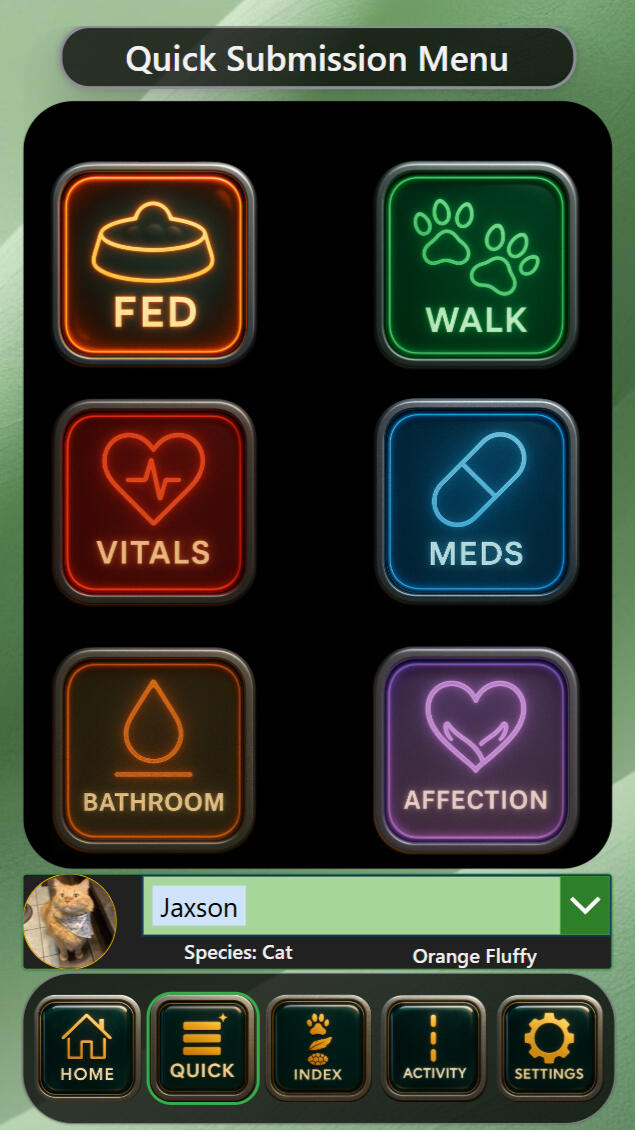 CortexForge Strategy | Intelligence Division — EmberTrack Quick Submission Panel Screenshot of the EmberTrack Quick Submission Menu by CortexForge. The screen displays six large neon-rim icons: Feeding, Walking, Vitals, Medication, Bathroom, and Affection. Each action creates an immediate care log entry for the selected animal. The int