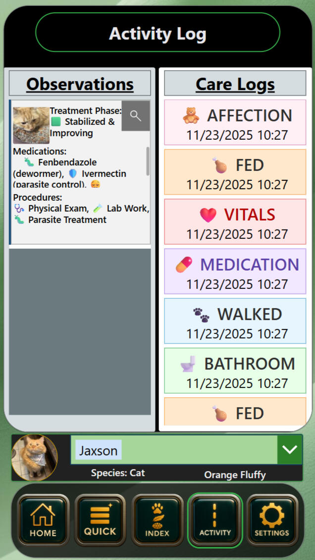 A high-contrast screenshot of the EmberTrack Activity Log interface by CortexForge. The left column shows the latest clinical observations for a selected animal, including treatment phase, medications, and procedures. The right column lists colour-coded ca