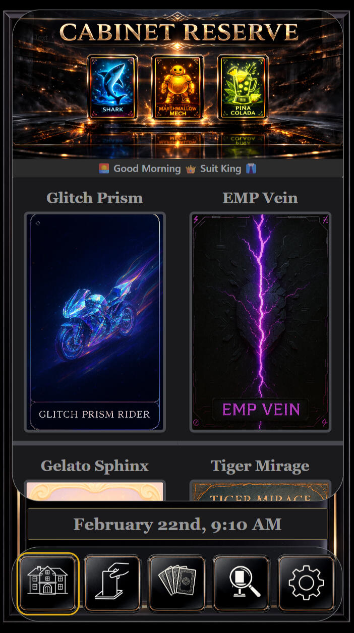 Screenshot of the hero display for Cabinet Reserve featuring illuminated asset in a black and gold architectural chamber with reflective floor and structured vault lighting.