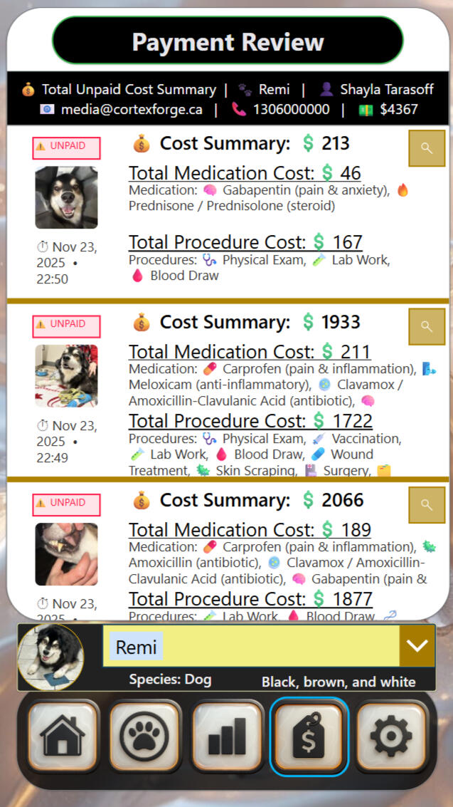 CortexForge Strategy | Intelligence Division — EmberTrack Payment Review Dashboard A detailed veterinary billing dashboard from CortexForge’s EmberTrack system, showing outstanding balances, medication costs, procedure totals, payment status tags, owner information, contact details, and per-animal cost summaries.