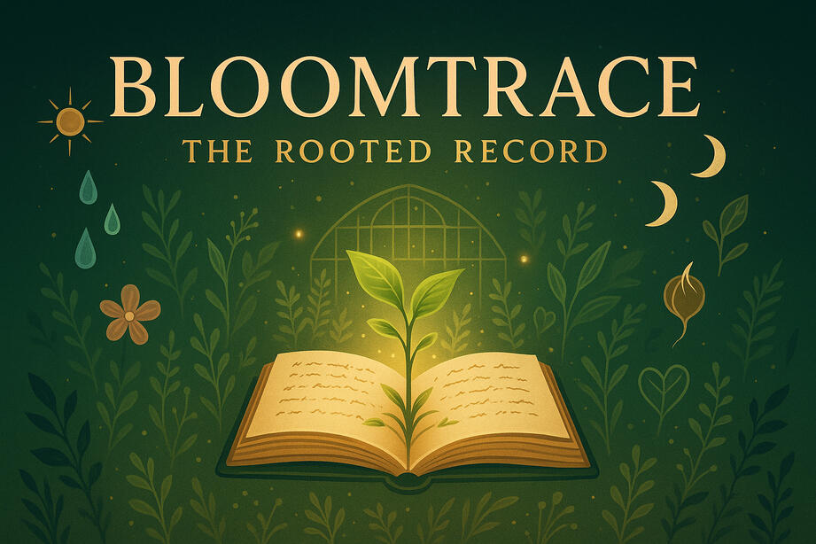 BloomTrace — regenerative data platform connecting environmental metrics with EU sustainability and digital-sovereignty frameworks; open book with sprouting plant symbolizes verifiable ecological data.