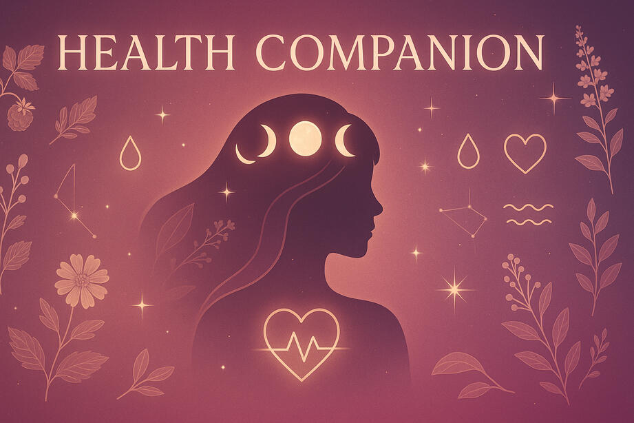 Health Companion app — a trauma-informed digital health system designed for data sovereignty, privacy, and self-tracking under EU digital rights principles; silhouette with lunar cycle and heartbeat symbol.