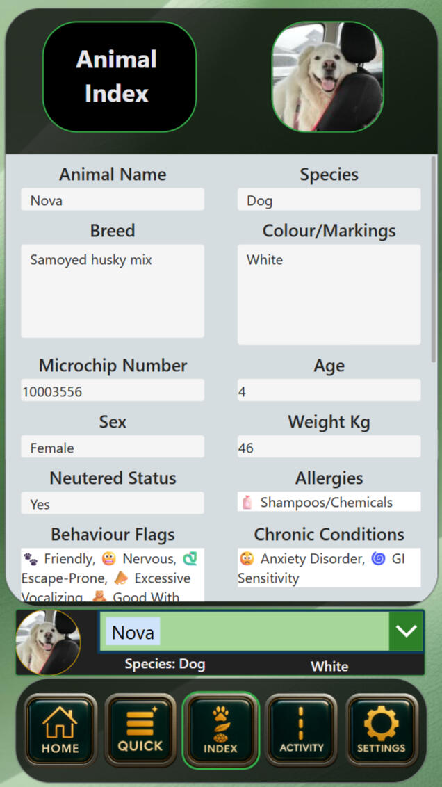 CortexForge Strategy | Intelligence Division — EmberTrack Animal Index Dashboard EmberTrack Animal Index dashboard created by CortexForge, showing a detailed veterinary-style animal profile for a Samoyed-Husky mix named Nova. The interface displays species, breed, weight, microchip number, neuter status, allergies, behaviour flags, and