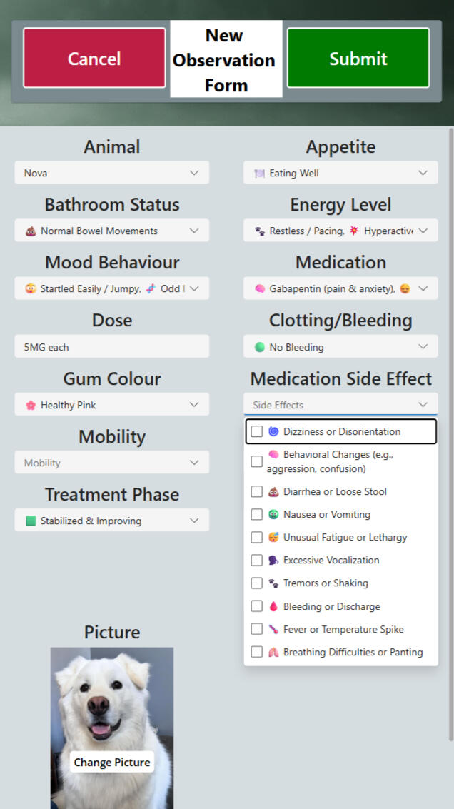 CortexForge Strategy | EmberTrack Clinical Intake Interface A full-screen view of EmberTrack’s New Observation Form showing structured clinical intake fields for animal care, including appetite, bathroom status, mood behaviour, medication, bleeding checks, mobility, treatment phase, and side-effect selectors, with