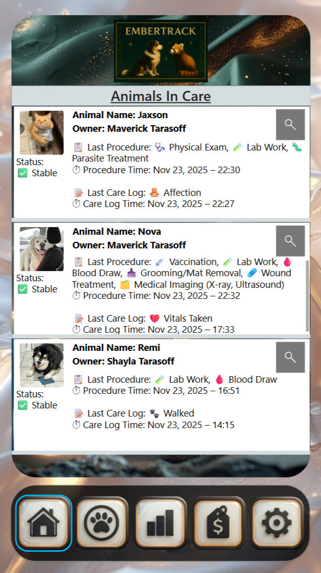CortexForge Strategy | Intelligence Division — EmberTrack | Animals In Care Dashboard EmberTrack Animals In Care dashboard showing real-time profiles of animals currently boarded or hospitalized at the veterinary clinic. Each card displays the animal’s photo, owner, stability status, last medical procedure (e.g., lab work, grooming, imaging