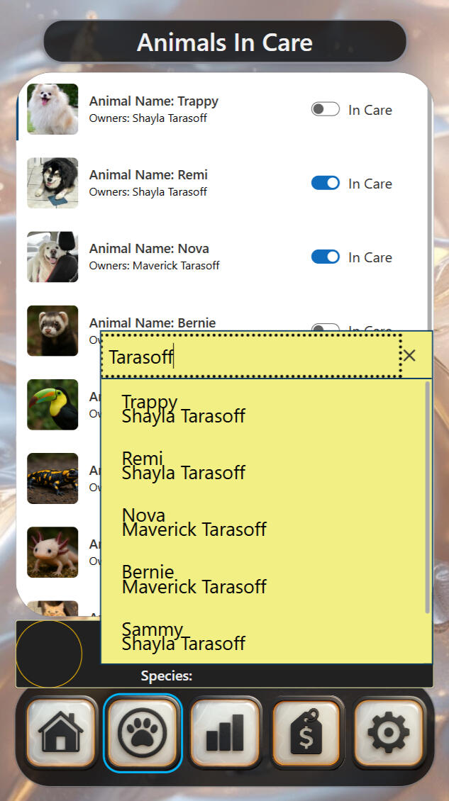 CortexForge Strategy | Intelligence Division — EmberTrack | Animals In Care — Search & Status Control EmberTrack Animals In Care interface showing an owner-search dropdown and in-clinic care toggles. Each animal displays a photo, name, owner, and a switch to mark whether the animal is currently admitted for ongoing care. This screen supports veterinary tea