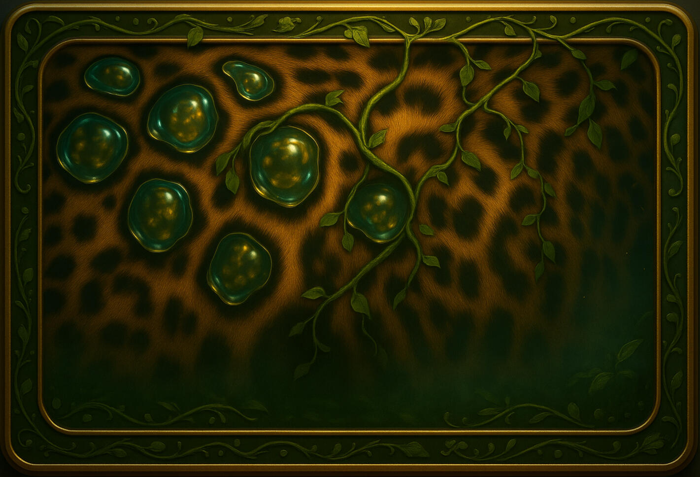 A CortexForge Material Intelligence texture called “Verdant Maw,” featuring teal resin-like liquid cells embedded in a warm, fur-patterned substrate. Green vine structures branch across the surface, creating a bio-hybrid design that fuses organic patternin
