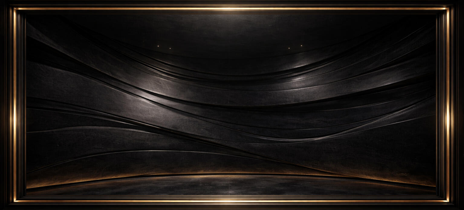 Cabinet Reserve — Strata Vault Chamber CortexForge Material Intelligence texture “Strata Vault,” Dark architectural vault interior with layered blackened steel curves under compression, framed by controlled gold perimeter lighting. Reflective black floor and structural depth and containment.
